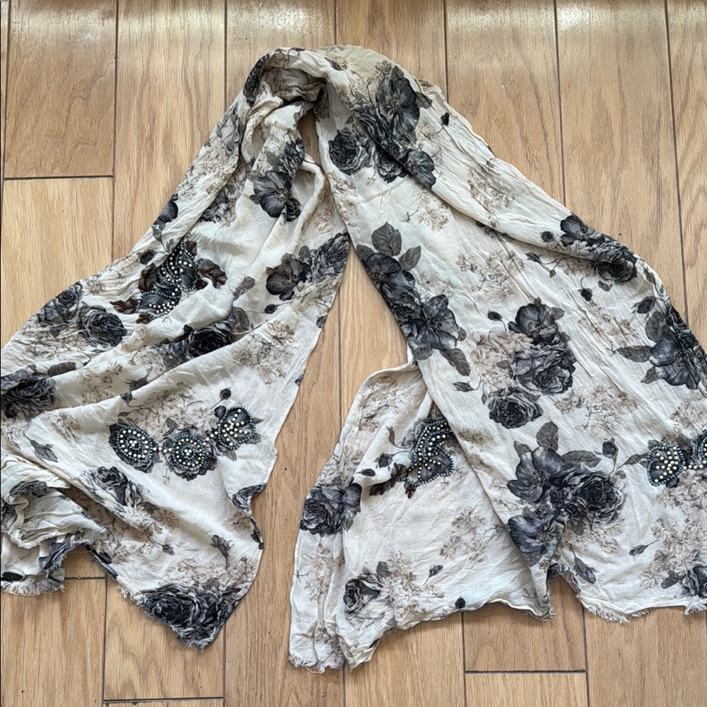 Anthropologie Beaded Floral Beige and Black Scarf